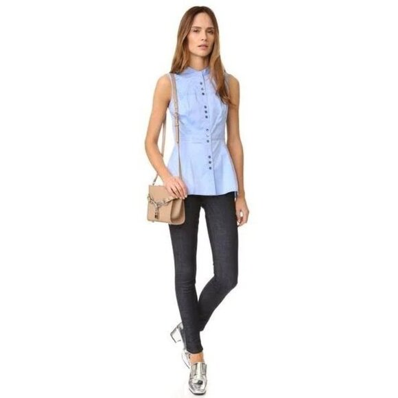 DEREK LAM 10 CROSBY Blue Cotton Sateen Button Up Peplum Shirt Blouse, Size 8 - Picture 3 of 12